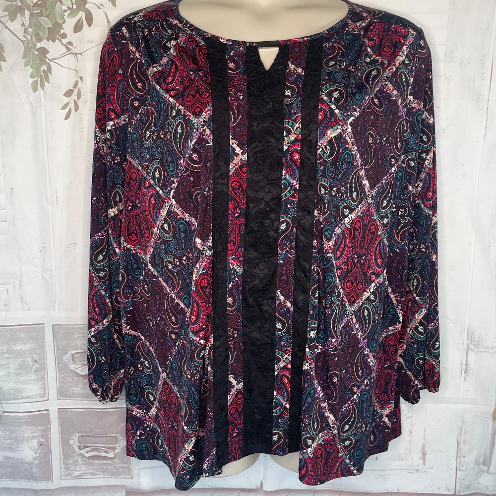 Catherines Womens Black Paisley Lace Stretch LS Top Blouse Plus Sz. 1X 18 20 W